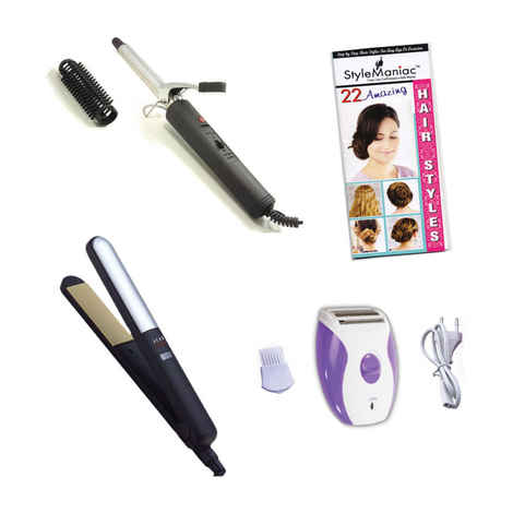 Buy Style Maniac Combo Of Professional Hair Straightener , Hair Curler And Epilator (Ak-2001) And Get A Hairstyle Book Free - Purplle