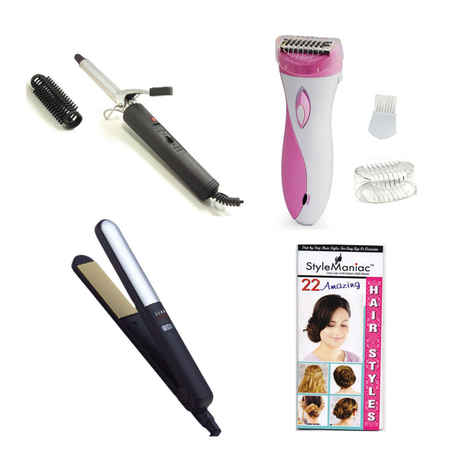 Buy Style Maniac Combo Of Professional Hair Straightener , Hair Curler And Epilator (Ak-2002) And Get A Hairstyle Book Free - Purplle