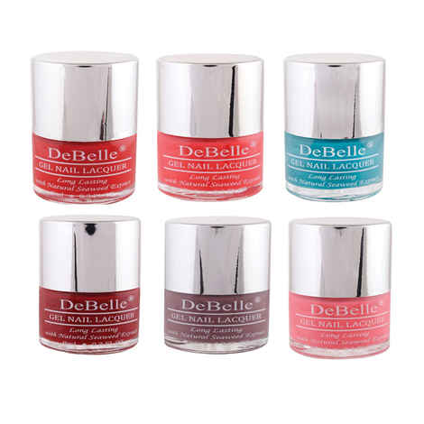 Buy DeBelle Gel Nail Polish Combo Set of 6 -French Affair (Red), Princess Belle (Coral Orange), Royale Cocktail (Turquoise Blue), Moulin Rouge (Maroon),Majestique Mauve (Mauve), Bebe Kiss (Hot Pink) - 8ml each - Purplle