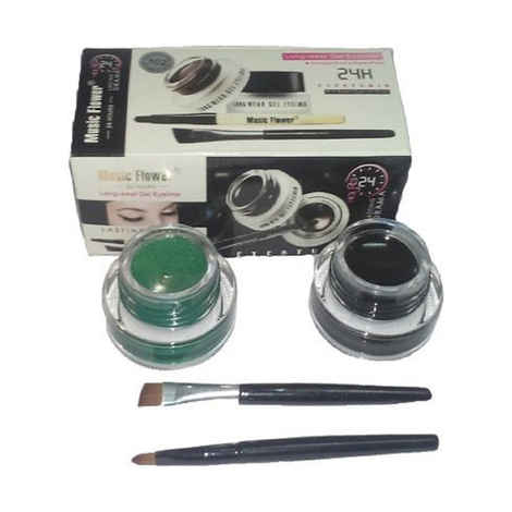 Music Flower Long Wear Gel Eyeliner Smudge Proof & Waterproof (Black And Green) With 2 Expert Eyeliner Brushes