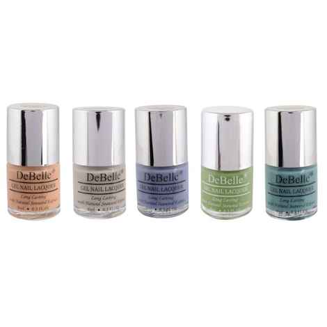 DeBelle Gel Nail Polish Combo Set of 5 - Peachy Passion (Peach), Natural Blush (Light Nude), Vintage Frost (Pastel Purple), Mystique Green (Pastel Green), Tahiti Teal (Teal Green) - 8 ml Each