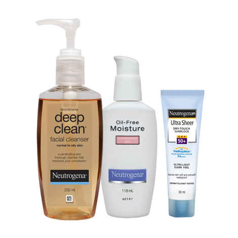 Buy Neutrogena Oily Skin Combo( Neutrogena Deep Clean Facial Cleanser 200ml + Neutrogena Oil-Free Moisture Combination Skin 118ml + Neutrogena Ultra Sheer 30ml) - Purplle
