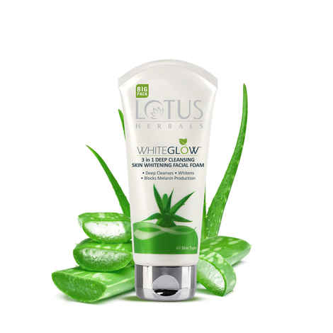 Lotus Herbals Whiteglow 3 In 1 Deep Cleaning Skin Whitening Facial Foam | Chemical Free | With Milk Enzymes & Aloe Vera Gel | For All Skin Types | 50g