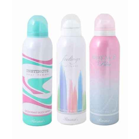 Buy Rasasi Women Set Of 3 Deodorants (Instinct + Feelings + Royale Blue) 200 ml Each - Purplle