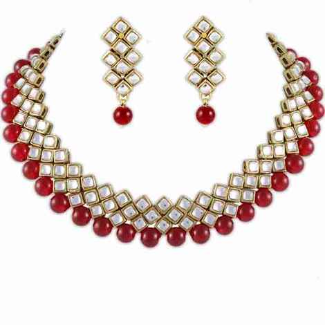 Karatcart Kundan And Red Beads Brass Choker Necklace & Earrings For Women