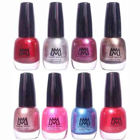 Buy Makeup Mania Premium Nail Polish - Combo of 8 Trendy Nail Paint Set- Shiny Maroon, Silver Glitter, Shiny Purple, Grey Silver, Pearl Silver, Shining Baby Pink Blue Red - 12 ml each bottle (MM# 25-28) - Purplle