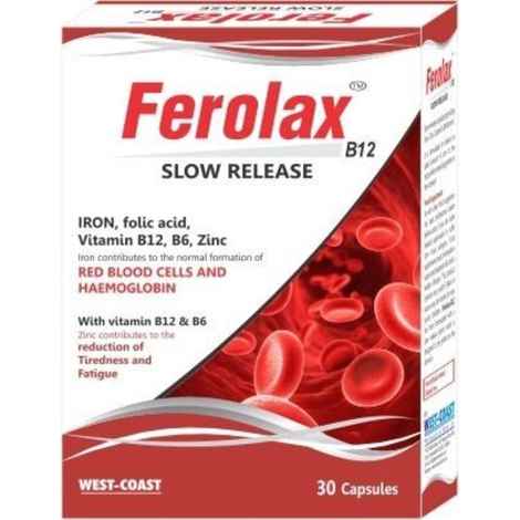 Buy West Coast Ferolax B12 slow release, 30 Capsules - Purplle