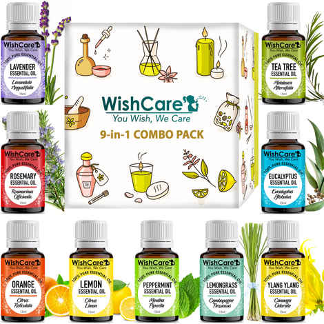 WishCare Essential Oil 9 In One Pack |Undiluted & Natural Therapeutic Grade| Lemon Grass, Lemon, Lavender , Orange, Tea Tree, Peppermint, Eucalyptus, Rosemary, Ylang Ylang, 15 ML Each