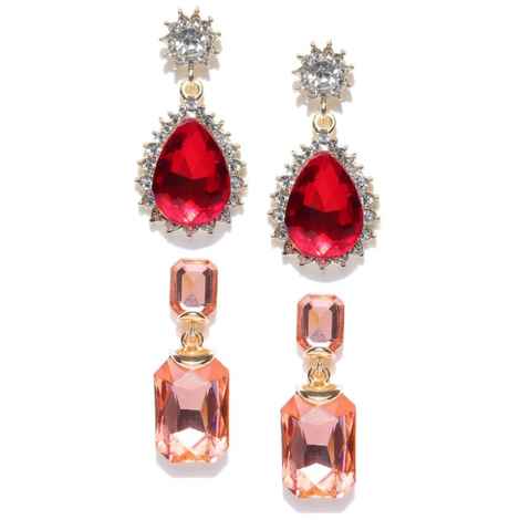 Buy Crunchy Fashion Golden Plated Pink & Red Colored Drop Earring Combo - Purplle