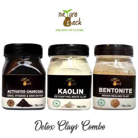 NatureSack's Skin Detox Combo (Pack of 3) Activated Charcoal 100g + Kaolin Clay 100g + Bentonite Clay 100g. For Face Masks, Acne, Blackheads, Pigmentation, Skin Repair, Vitalizing & Renewal Of Skin