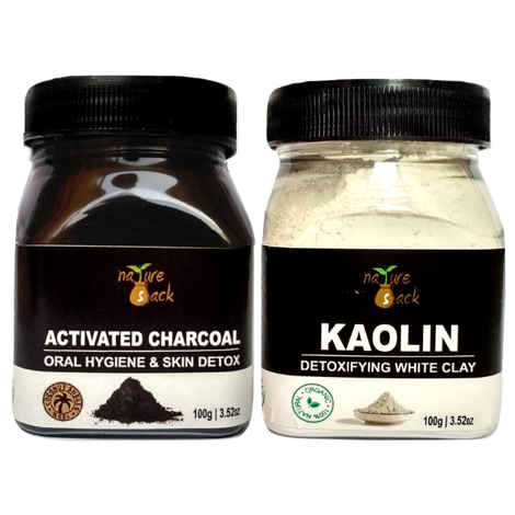 NatureSack's Skin Detox Combo (Pack of 2) Activated Charcoal 100g + Kaolin Clay 100g. For Face Masks, Acne, Blackheads, Pigmentation, Skin Repair, Vitalizing & Renewal Of Skin