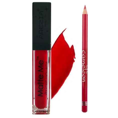 Arezia Matte Me Ultra Smooth Matte Lipstick Lipcream (Crimson Red) & Camelon Lip Liner (Red)