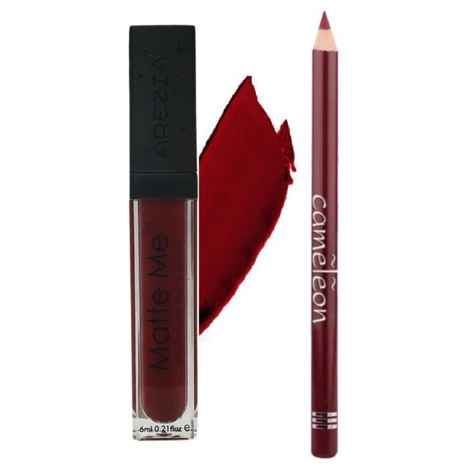 Arezia Matte Me Ultra Smooth Matte Lipstick Lipcream (Reddish Maroon) & Camelon Lip Liner (Deep Maroon)