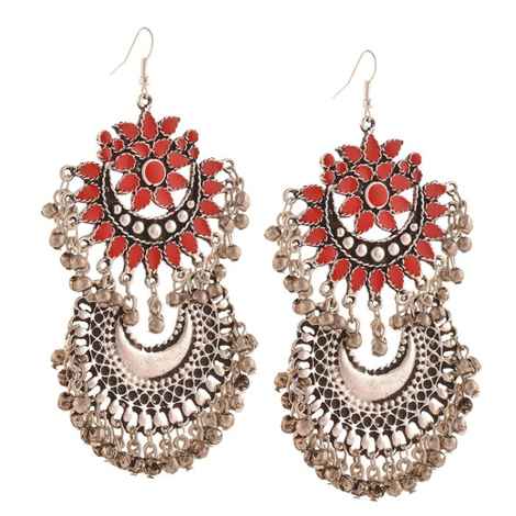 Buy Crunchy Fashion Oxidised Silver Red Coloured Afghan Dangler Earrings - Purplle
