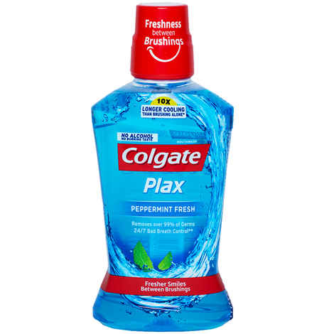 Buy Colgate Plax Antibacterial Mouthwash, 10X longer cooling, 24/7 Fresh Breath, Removes 99% Germs (500 ml) (Pepper Mint) - Purplle