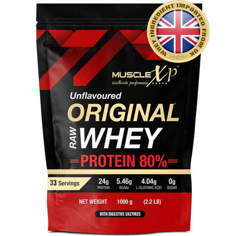 Buy MuscleXP Raw Whey Protein Concentrate 80% Powder With Digestive Enzymes, Unflavored, 1Kg (2.2lb) Pouch - Purplle