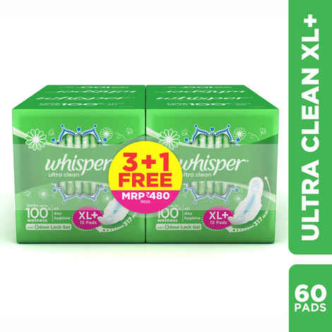 Whisper Ultra Clean Sanitary pads XL Plus - 15 pads (Pack of 4)