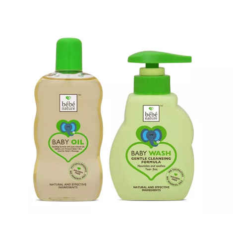 Bebe Nature Baby Massage Oil with Sweet Almond Oil & Vitamin E (120 ml) + Bebe Nature Baby Wash Gentle Cleansing Formula (Tear Free) (260 ml)