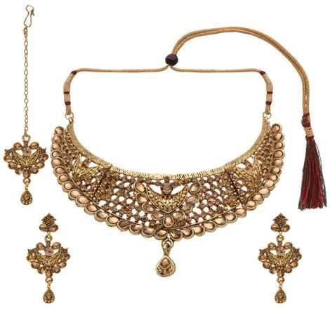 Buy Kord Store Jewellery Set - Special Design American Diamond Engraved Golden Necklace With An Adorable Mangtika And A Pair Of Beautiful Earrings KSNKE60110 - Purplle