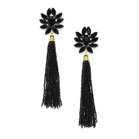 Crunchy Fashion Black Crystal Stud Beaded Tassel Earrings