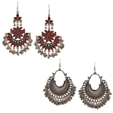 Buy Crunchy Fashion Oxidised Silver Red & silver bohemian Earrings - Purplle