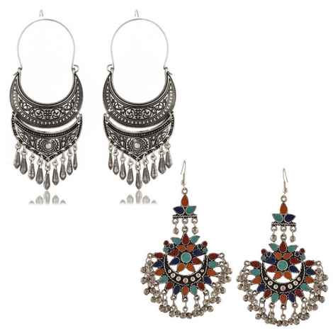 Buy Crunchy Fashion Oxidised Silver Long Metal Drop Earring Combo - Purplle