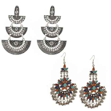 Buy Crunchy Fashion Oxidized Silver Fan Shaped Chandelier Multi dangler Earrings - Purplle