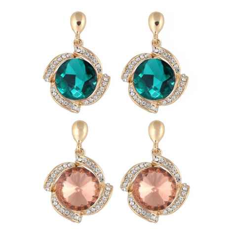 Crunchy Fashion Green & Peach Crystal Drop Earring Combo