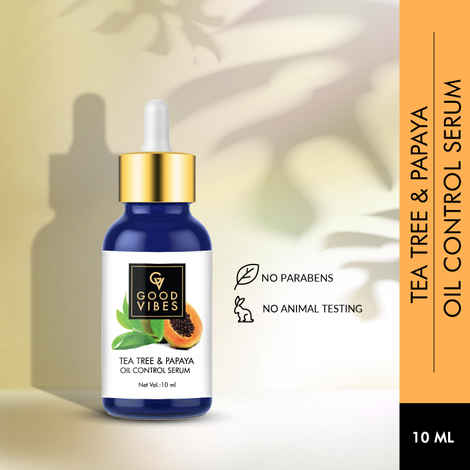 Good Vibes Tea Tree & Papaya Oil Control Serum | Even Skin Tone, Brightening | With Castor Oil | No Parabens, No Sulphates, No Mineral Oil (10 ml)