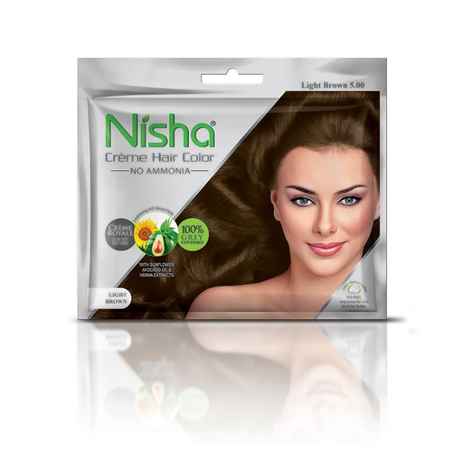 Buy Nisha creme Permanent hair color with sunflower avocado oil & henna extracts 100% grey coverage ultra-soft deep shine no ammonia LIGHT BROWN 5.0(20 ml +20 g) - Purplle