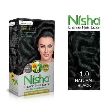 Buy Nisha Cream Permanent hair color superior quality with sunflower & avocado oil NO AMMONIA Cream FORMULA Rich, bright, long lasting & smooth care for your precious hair! (60 GM + 60 ML + 18 ML) NATURAL BLACK 1.0 - Purplle