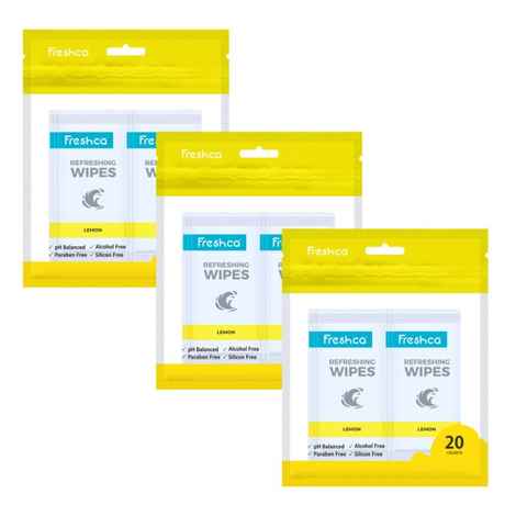 Buy Freshca Refreshing Wet Wipes Single Sachet Men Women Hand Face Lemon Fragrance pH Balanced Alcohol Paraben Silicon Free 20 Pcs (Pack of 3) - Purplle