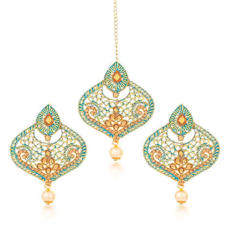 Buy Sukkhi Lavish Gold Plated Mint Meena Collection Dangle Earring & Maangtikka for Women - EM79087 - Purplle