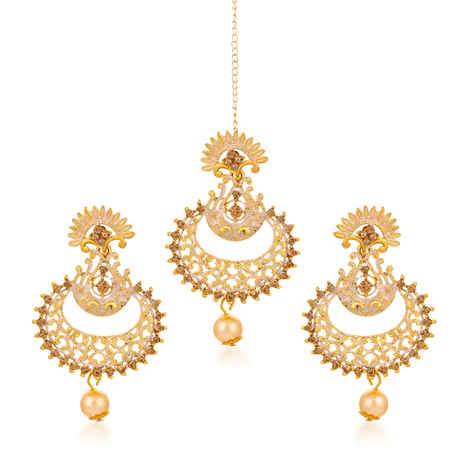 Sukkhi Antique Gold Plated Mint Meena Collection Chand Bali Earring & Maangtikka for Women - EM79099