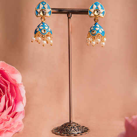 Buy Queen Be Everyday Enameled Jhumkis, Blue & White With White Pearls - EV19065 - Purplle