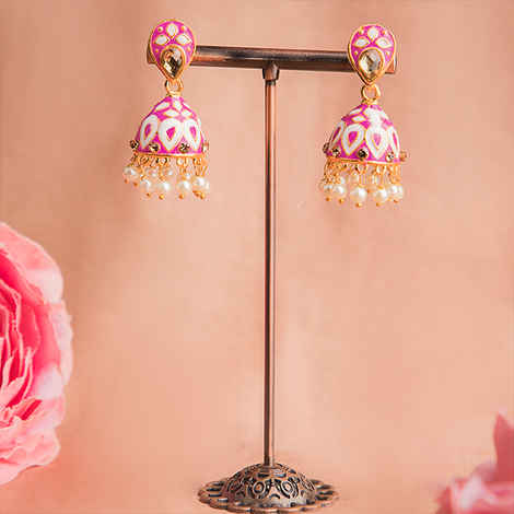 Buy Queen Be Paisley Enameled Jhumkis, Pink And White With White Pearls - EV19067 - Purplle