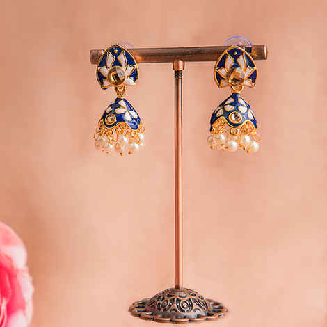 Buy Queen Be Everyday Enameled Jhumkis, Deep Blue & White With White Pearls - EV19070 - Purplle