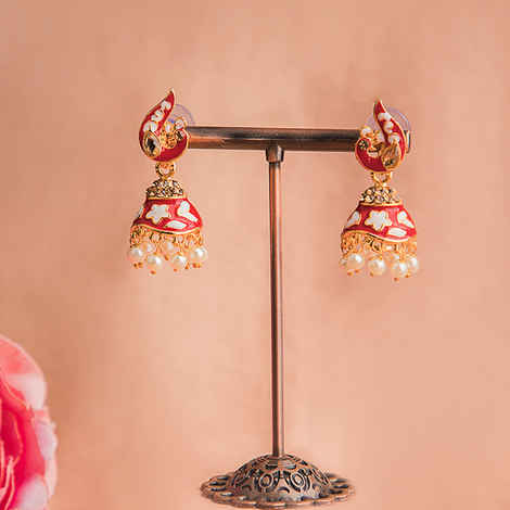 Buy Queen Be Peacock Enameled Jhumkis, Red And White With White Pearls - EV19073 - Purplle