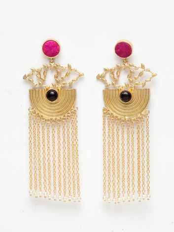 Buy Ferosh Adhrita Pink-Black Stone Pearl Chained Tassel Earrings - Purplle