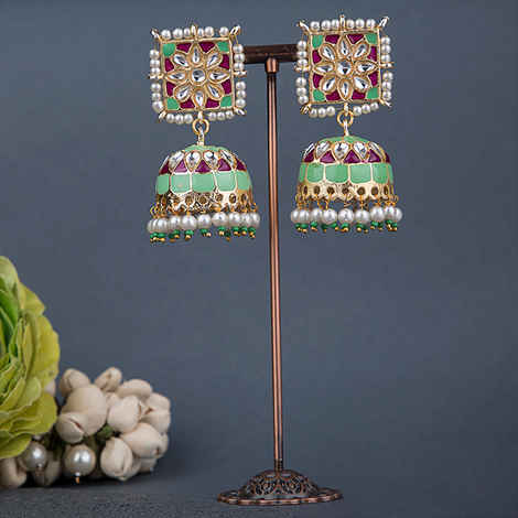 Buy Queen Be Square Top Jhumki, Red & Mint Green Enamel - Purplle