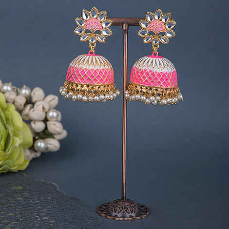 Buy Queen Be Lattice Delight Jhumki, White & Pink Enamel - Purplle