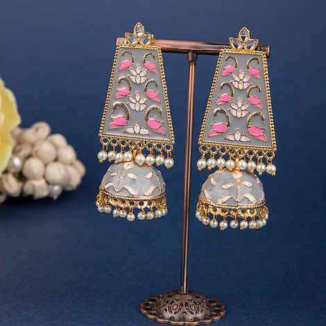 Buy Queen Be Rajasthani Long Jhumkis, Grey Pink Enamel - Purplle