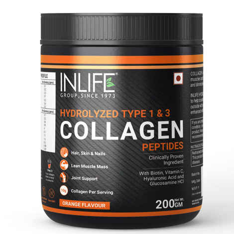 Buy INLIFE Hydrolyzed Collagen Peptides Powder Supplements Type 1 and 3, Biotin, Vitamin C, Hyaluronic Acid, Glucosamine, Skin Health for Men & Women - 200g (Orange Flavour) - Purplle
