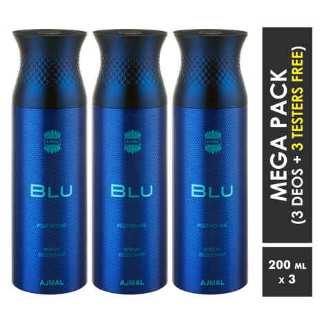 Ajmal Blu Deodorant Spray For Men 200ml each (Pack of 3, 600ml) + 3 Parfum Testers Free