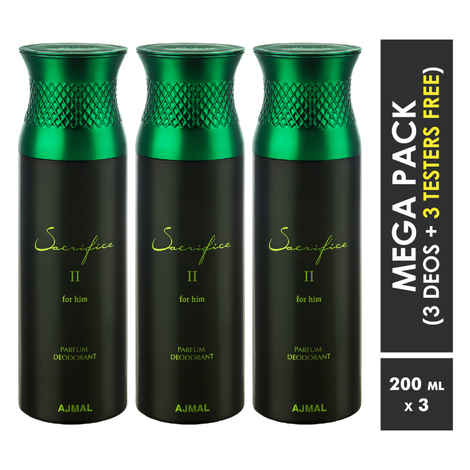 Buy Ajmal Sacrifice II Deodorant Spray For Men 200ml each (Pack of 3, 600ml) + 3 Parfum Testers Free - Purplle