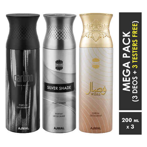 Buy Ajmal Carbon & Silver Shade & Wisal Deodorant Spray For Men & Women 200ml each (Pack of 3, 600ml) + 3 Parfum Testers Free - Purplle
