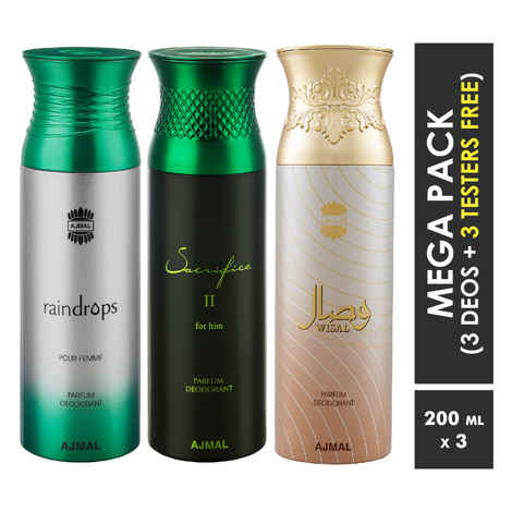 Buy Ajmal Raindrops & Sacrifice II & Wisal Deodorant Spray For Men & Women 200ml each (Pack of 3, 600ml) + 3 Parfum Testers Free - Purplle