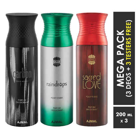 Buy Ajmal Carbon & Raindrops & SacredLove Deodorant Spray For Men & Women 200ml each (Pack of 3, 600ml) + 3 Parfum Testers Free - Purplle