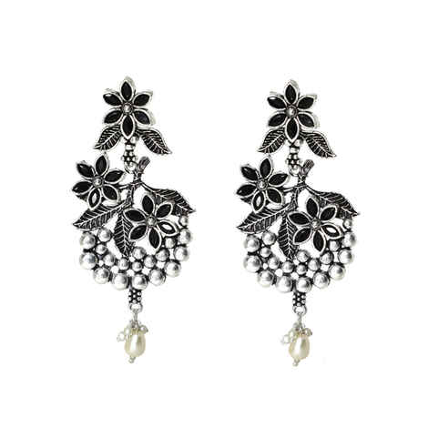 Buy Ferosh Adaa Floral Pearl Drop Black-Silver Oxidized Earrings - Purplle