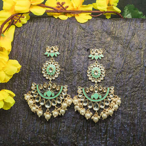 Buy Ferosh Nilima Lotus Turquoise Golden Green Stonework Pearl Earrings - Purplle